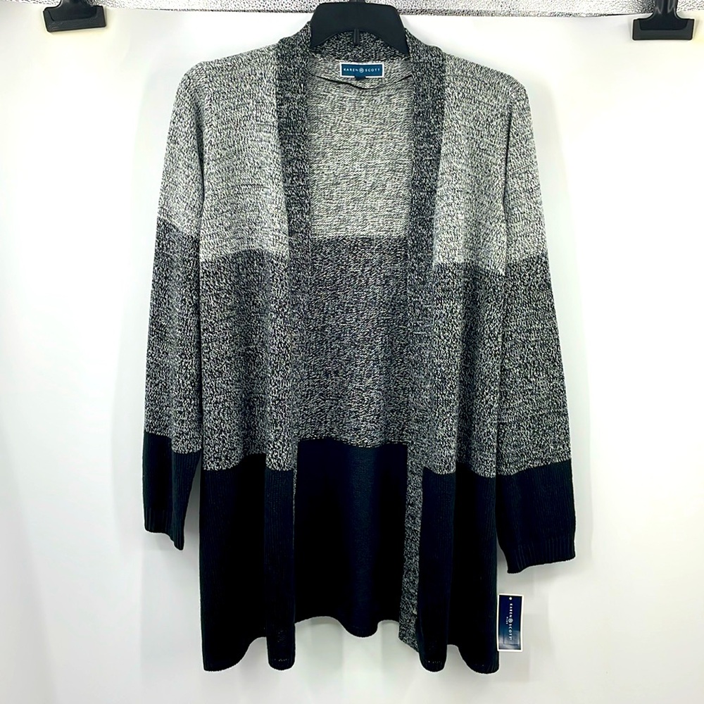 NWT Karen Scott Turbo Colorblock Black Gray Open Front Cardigan Sweater Size 2X